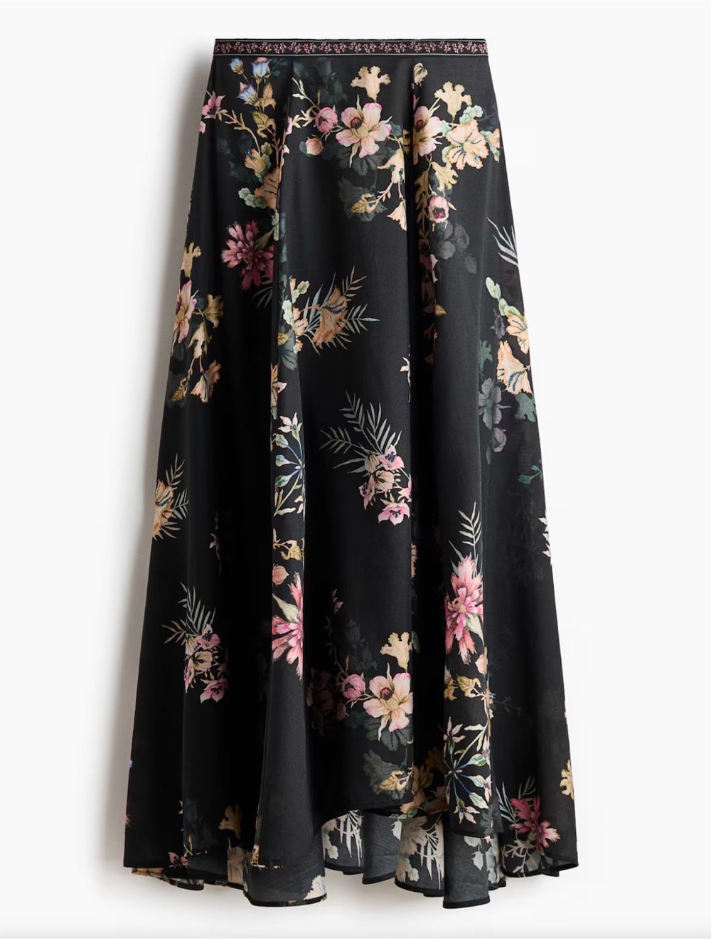 H&M Black Floral Maxi Skirt with Pink and Cream Blooms